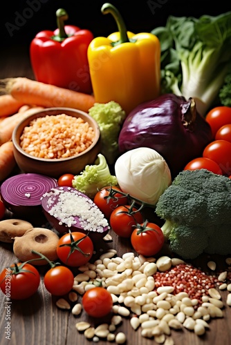 A variety of vegetables and legumes are arranged on a wooden table.