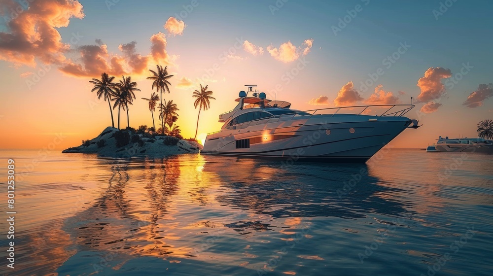 Luxury yacht in sea water at sunset with colorful sky and palm tree.