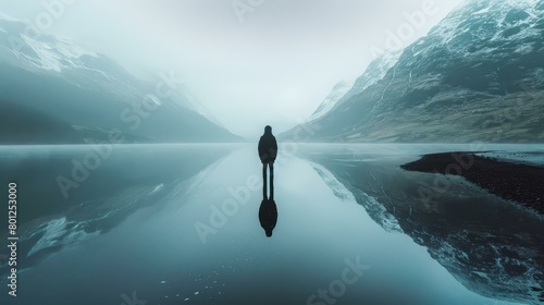 Man standing alone in a lake with mountains in the background photo