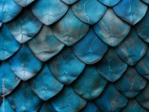 Close-up of overlapping blue fish scales with a metallic sheen and intricate patterns. © cherezoff