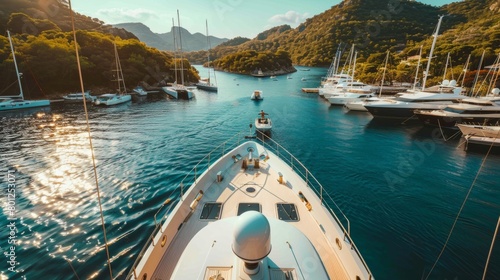 Beautiful seascape view from bow of luxury yacht in sea water.