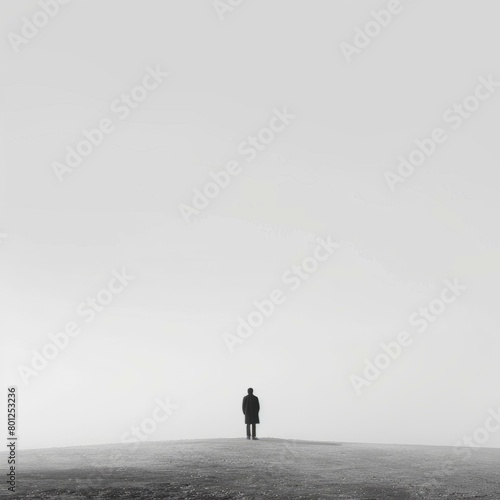 Man standing alone in a foggy landscape