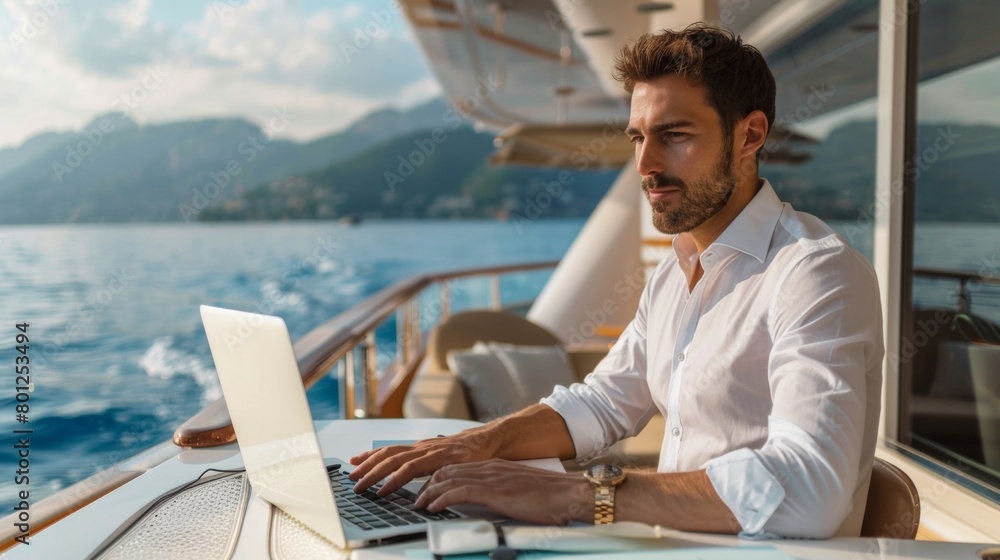 A mid-age male working on laptop computer on deck of a luxury yacht. Remote working concept.
