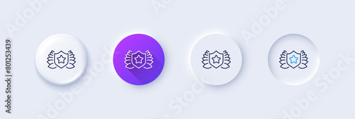 Award shield line icon. Neumorphic, Purple gradient, 3d pin buttons. Laurel wreath symbol. Laureate sign. Line icons. Neumorphic buttons with outline signs. Vector