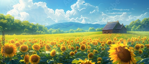 Idyllic rural escape with a sunlit field of sunflowers stretching towards a quaint wooden cabin amidst majestic mountains