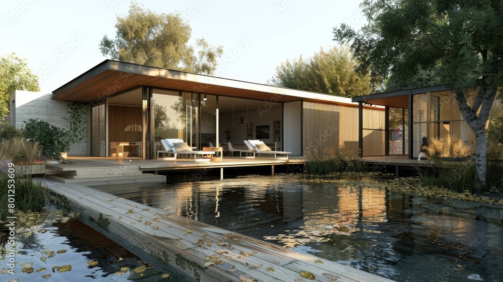 Obraz premium Modern House with Pool and Deck surrounded by Trees