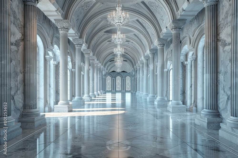 ornate hallway with marble columns and shiny floor