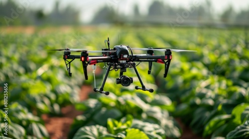 Agriculture technology concept with drone flying over green tobacco field to spray pesticide
