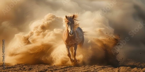 A beautiful palomino horse running in the desert photo