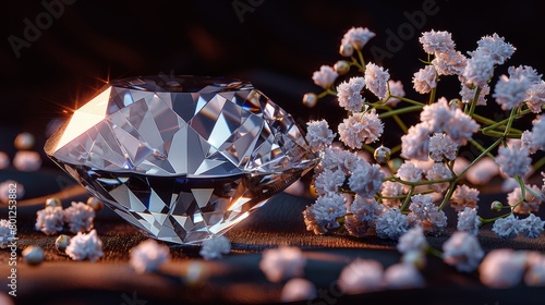 Exquisite diamond capturing radiant light surrounded by delicate white flowers on a shimmering surface 