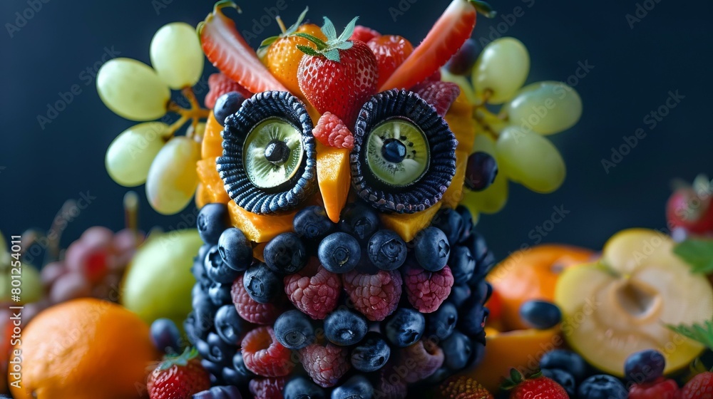 A whimsical owl made of fruits and berries