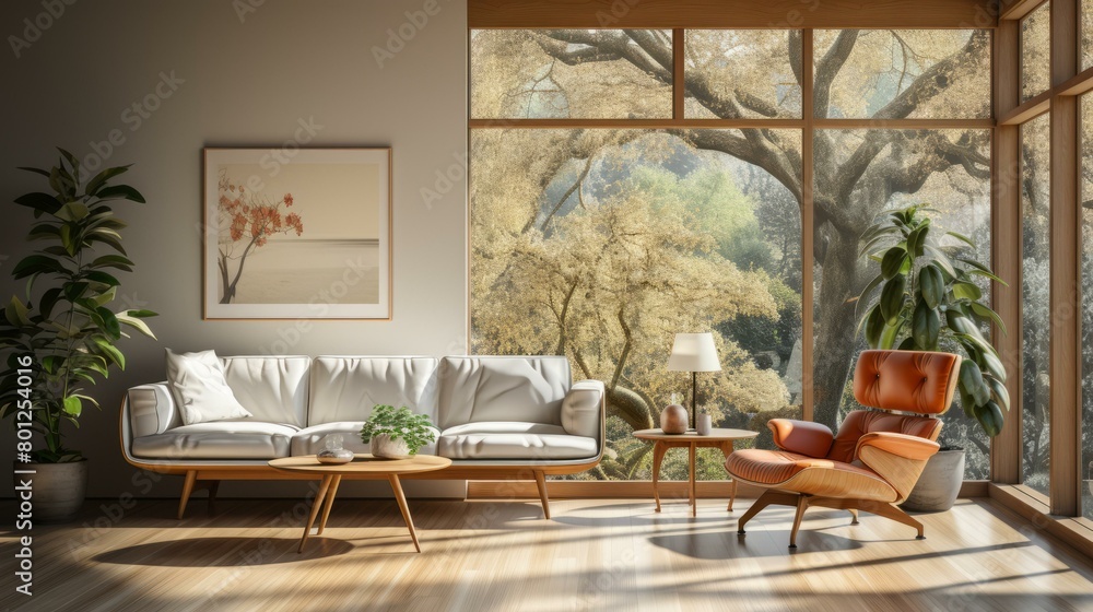 Fototapeta premium A stylish living room with a large window looking out onto a forest