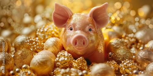 A golden pig sits among golden balls.