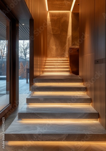 Wooden staircase with marble steps and indirect lighting