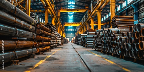 Large industrial steel pipes neatly stacked in a warehouse