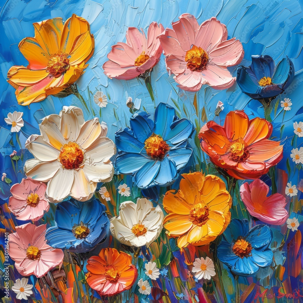 Fototapeta premium Colorful Beautiful Flowers Painted with Oil Paints - Bright Summer