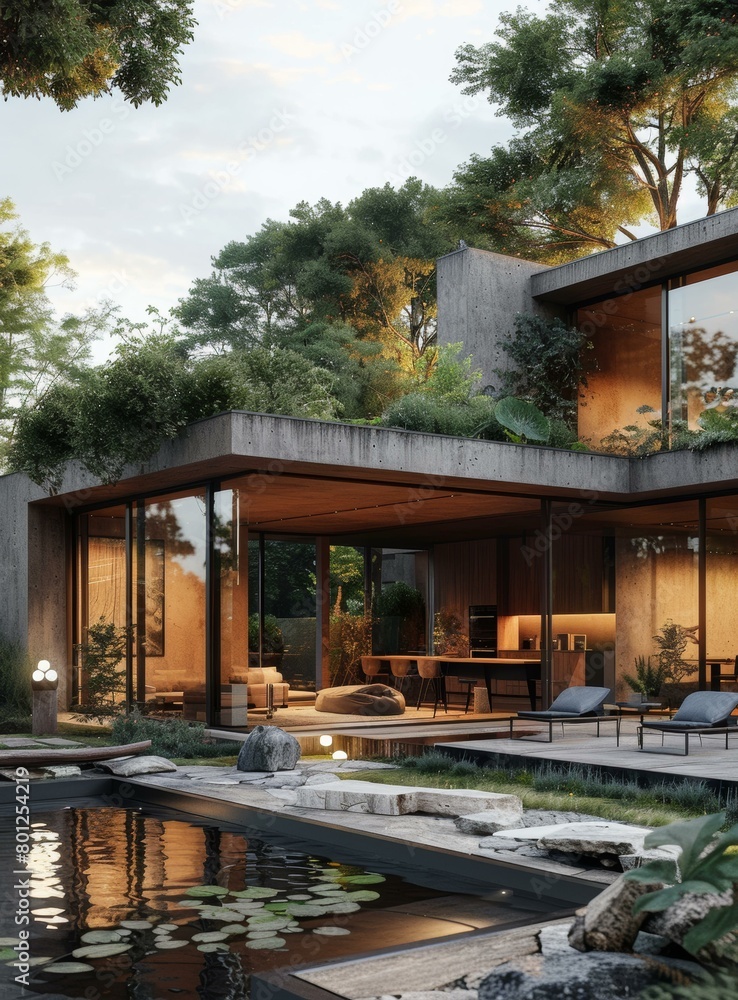 Obraz premium Modern and minimalist house with green roof and pool