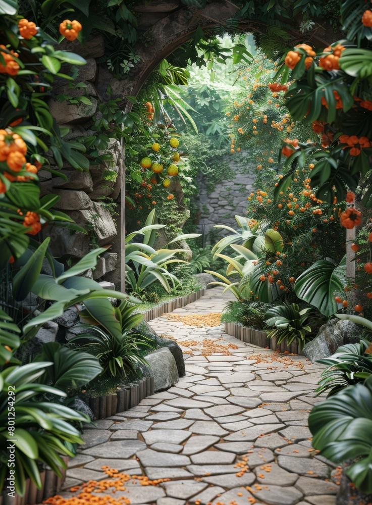 Stone path through a lush garden Stone path through a lush garden