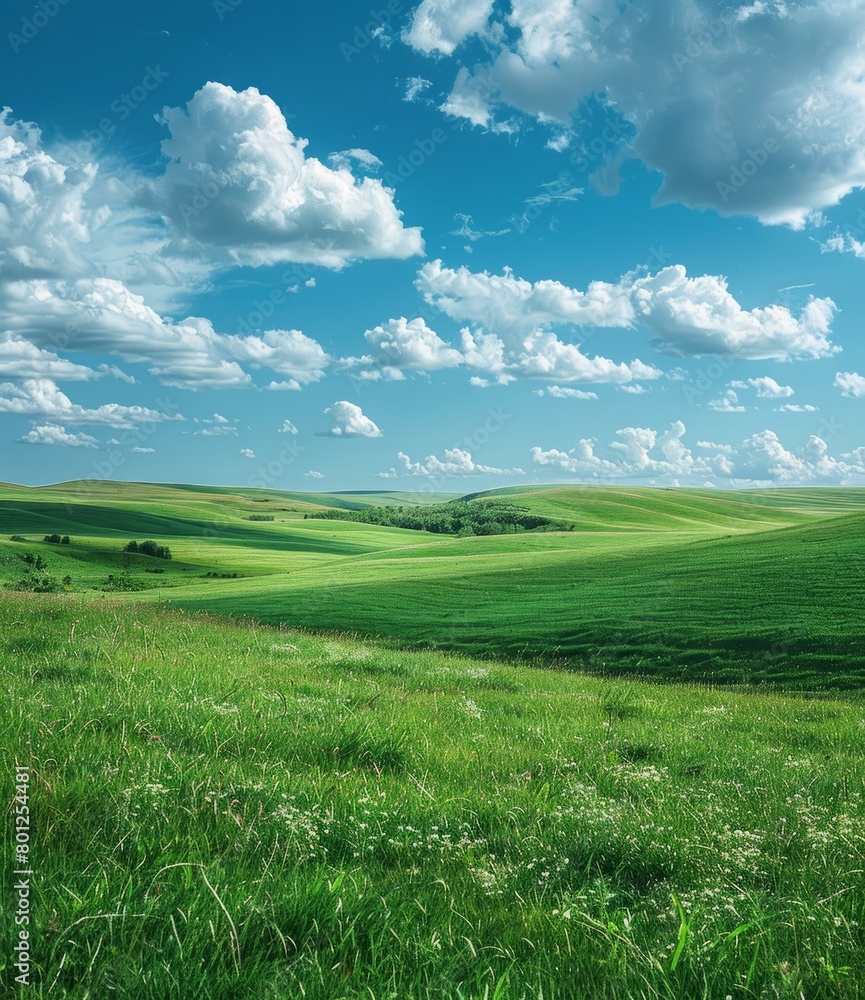 Green rolling hills under blue sky and white clouds