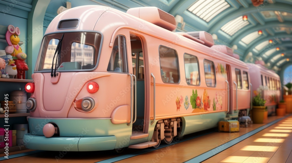 A pink and blue train is parked in a station.