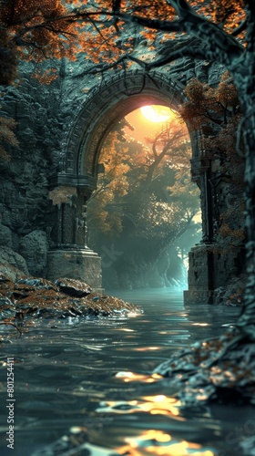fantasy archway in the middle of a forest with a river in front of it