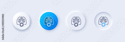 Lungs with coronavirus line icon. Neumorphic, Blue gradient, 3d pin buttons. Pneumonia disease sign. Respiratory distress symbol. Line icons. Neumorphic buttons with outline signs. Vector