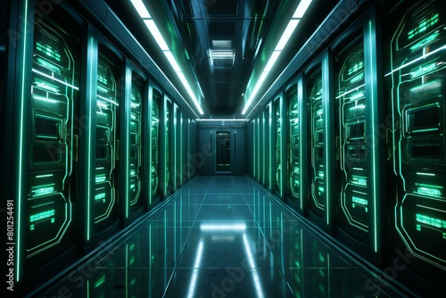 Futuristic server room with green lights