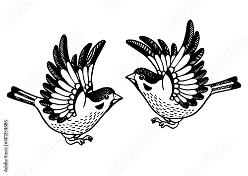 Sparrow birds tattoo sketch engraving PNG illustration. Scratch board style imitation. Hand drawn image.