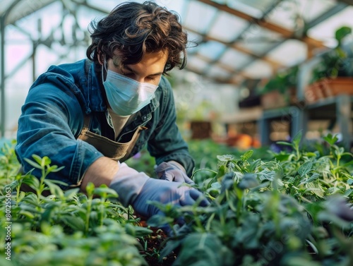 Male greenhouse worker wearing a mask and gloves tending to young plants
