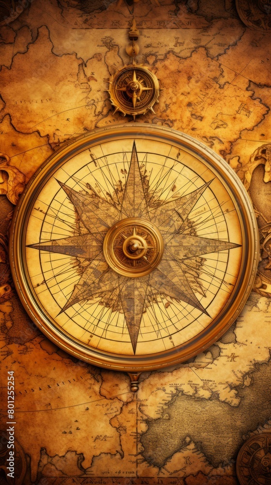 A golden compass with a detailed world map background