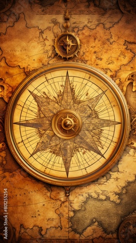 A golden compass with a detailed world map background