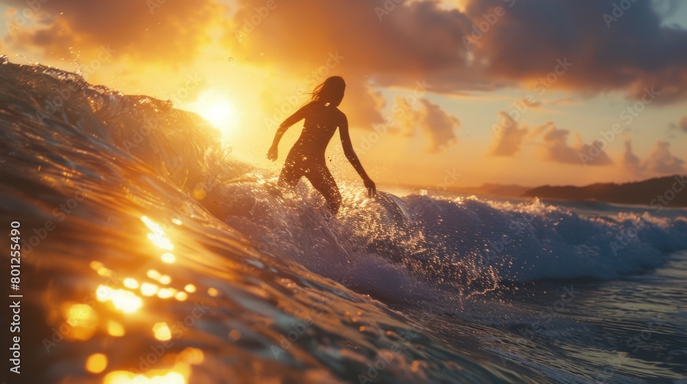 A woman is surfing on a wave with the sun setting in the background