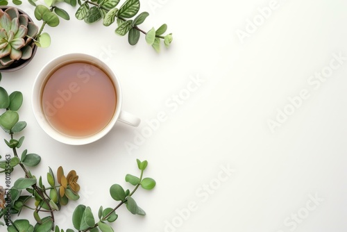 A cup of tea on a white table with green plants photo