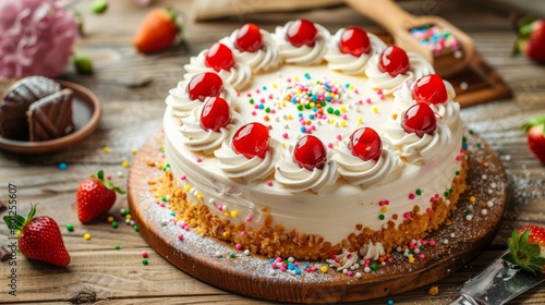 A delicious cake with strawberries and cherries on top