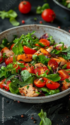 Salad bowl with grilled chicken, tomatoes and greens photo