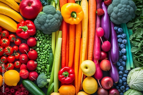 A variety of fresh fruits and vegetables are arranged in a rainbow pattern.