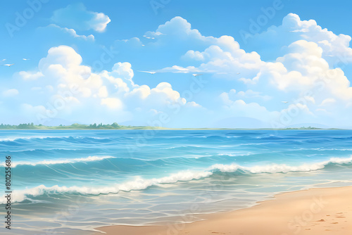 Seaside Splendor  Sandy Shoreline under Azure Skies. Realistic Beach Landscape. Vector Background