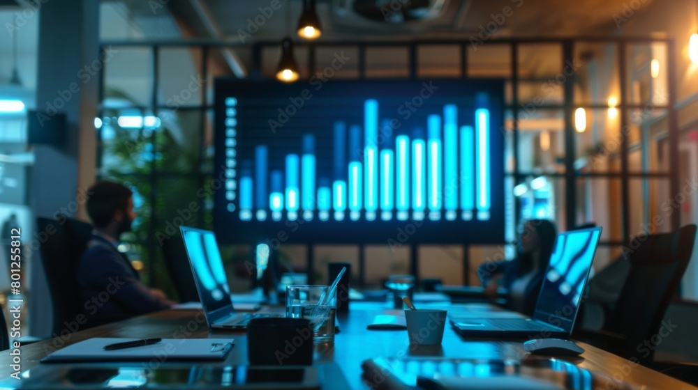 A bar graph projected onto a screen during a business presentation, guiding stakeholders through key performance metrics and trends. A bar graph projected onto a screen during a business presentation, guiding stakeholders through key performance metrics and trends.