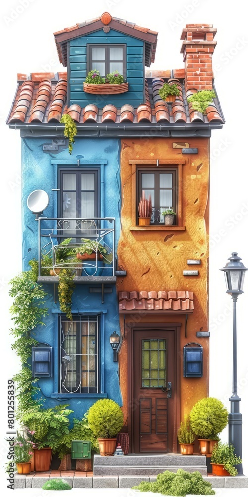 Obraz premium European style two-story house with blue and brown walls