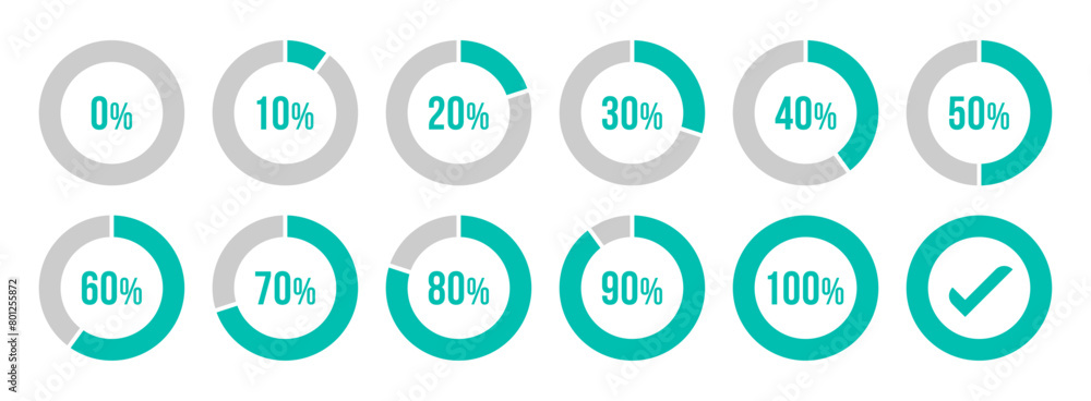 Circle loading or circle progress collection. Set of circle percentage diagrams for infographics 0 10 20 30 40 50 60 70 80 90 100 percent in cyan color. Vector infographics set. Circle loading or circle progress collection. Set of circle percentage diagrams for infographics 0 10 20 30 40 50 60 70 80 90 100 percent in cyan color. Vector infographics set.