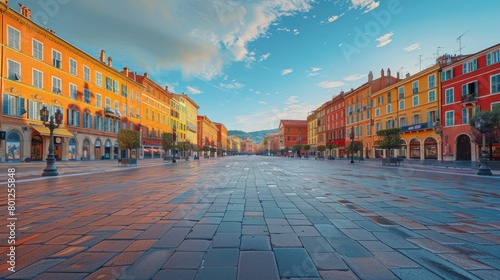 Beautiful historic main square of red buildings against blue sky background. generative AI image