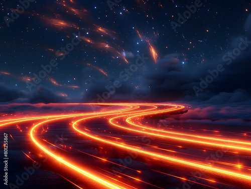 An abstract dark background  orange light trails  and stars glowing speed lines on the curved tracffic