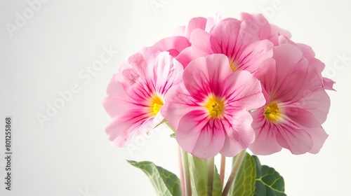 Pink primrose bouquet, minimalist white background, floral arrangement magazine cover, soft diffused lighting, perfectly centered © Tanawut