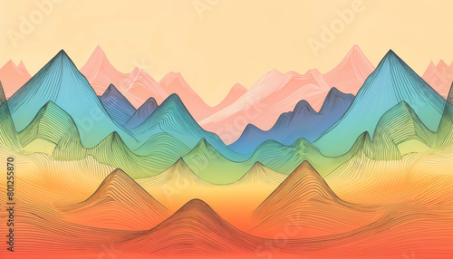 Colorful Abstract Mountain Range Line Art - Vibrant Rainbow Peaks and Valleys Background