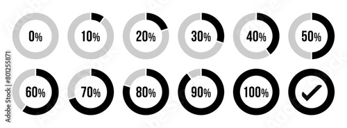 Circle loading or circle progress collection. Set of circle percentage diagrams for infographics 0 10 20 30 40 50 60 70 80 90 100 percent in black and grey color. Vector infographics set.