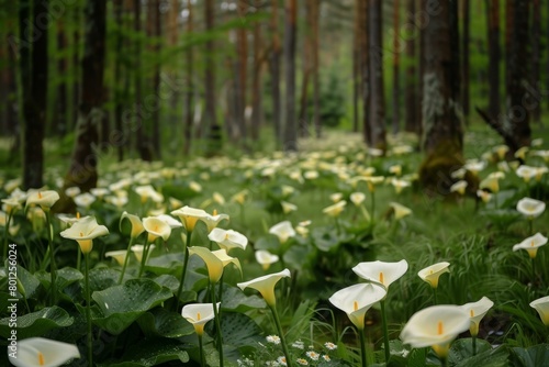 Calla lilies in a forest photo