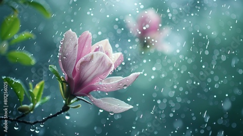 Raindrops falling on pink magnolia flower with blurred background