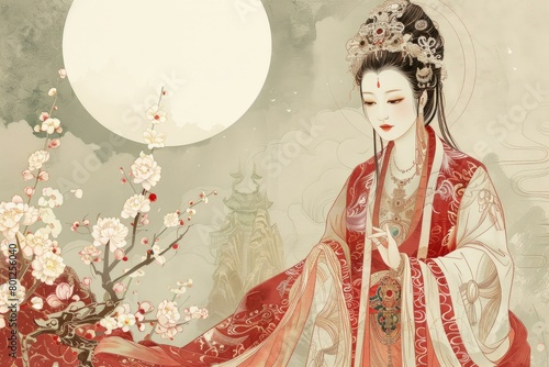 A Chinese woman in traditional dress is standing in a garden with a full moon in the background.