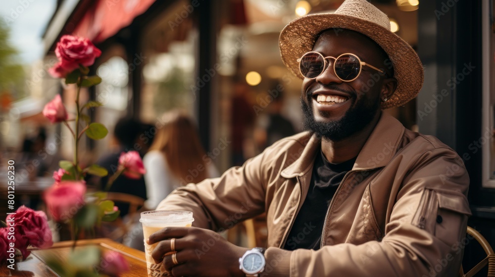 A smiling man wearing a hat and sunglasses is sitting at a table outdoors enjoying a drink A smiling man wearing a hat and sunglasses is sitting at a table outdoors enjoying a drink