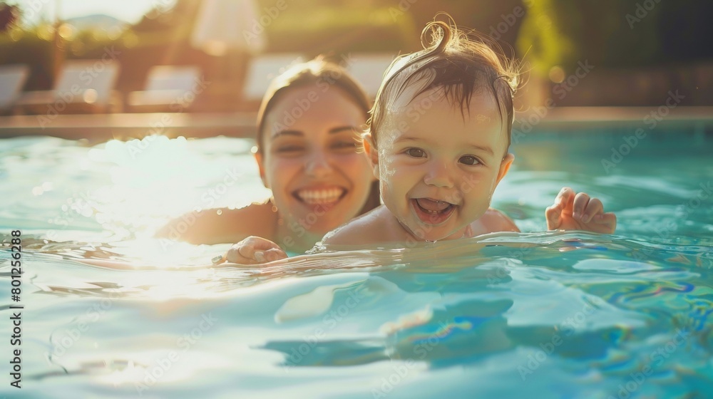 Dad mom and smiling baby in swimming pool. Dad mom and smiling baby in swimming pool.